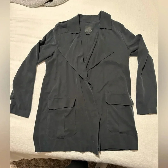 Trouve Nordstrom Open Front Blazer Jacket Ruffle Pockets Roll Tab Small - Picture 3 of 7